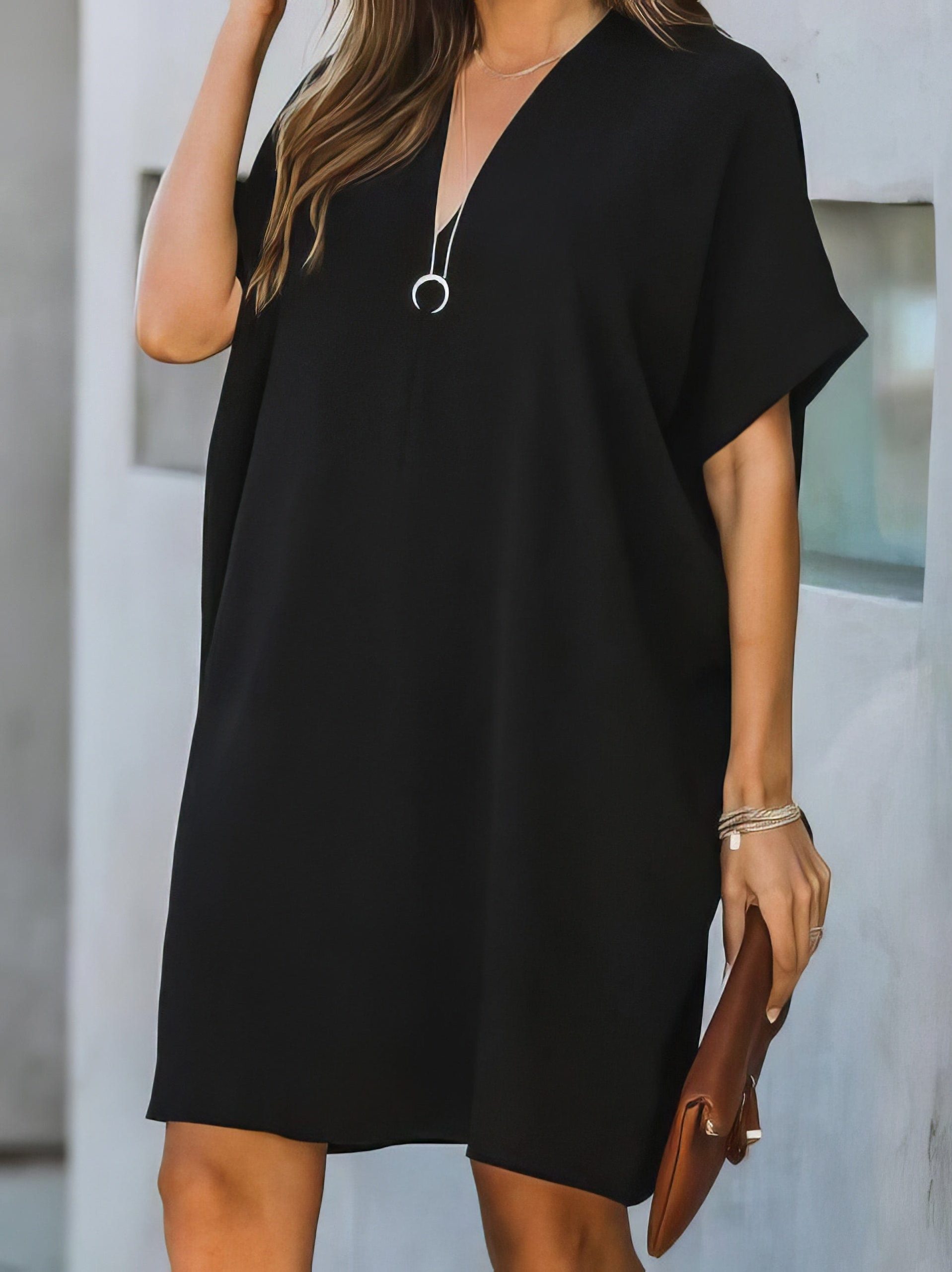 V-neck Short Sleeve Solid Color Loose Dress - Image 4