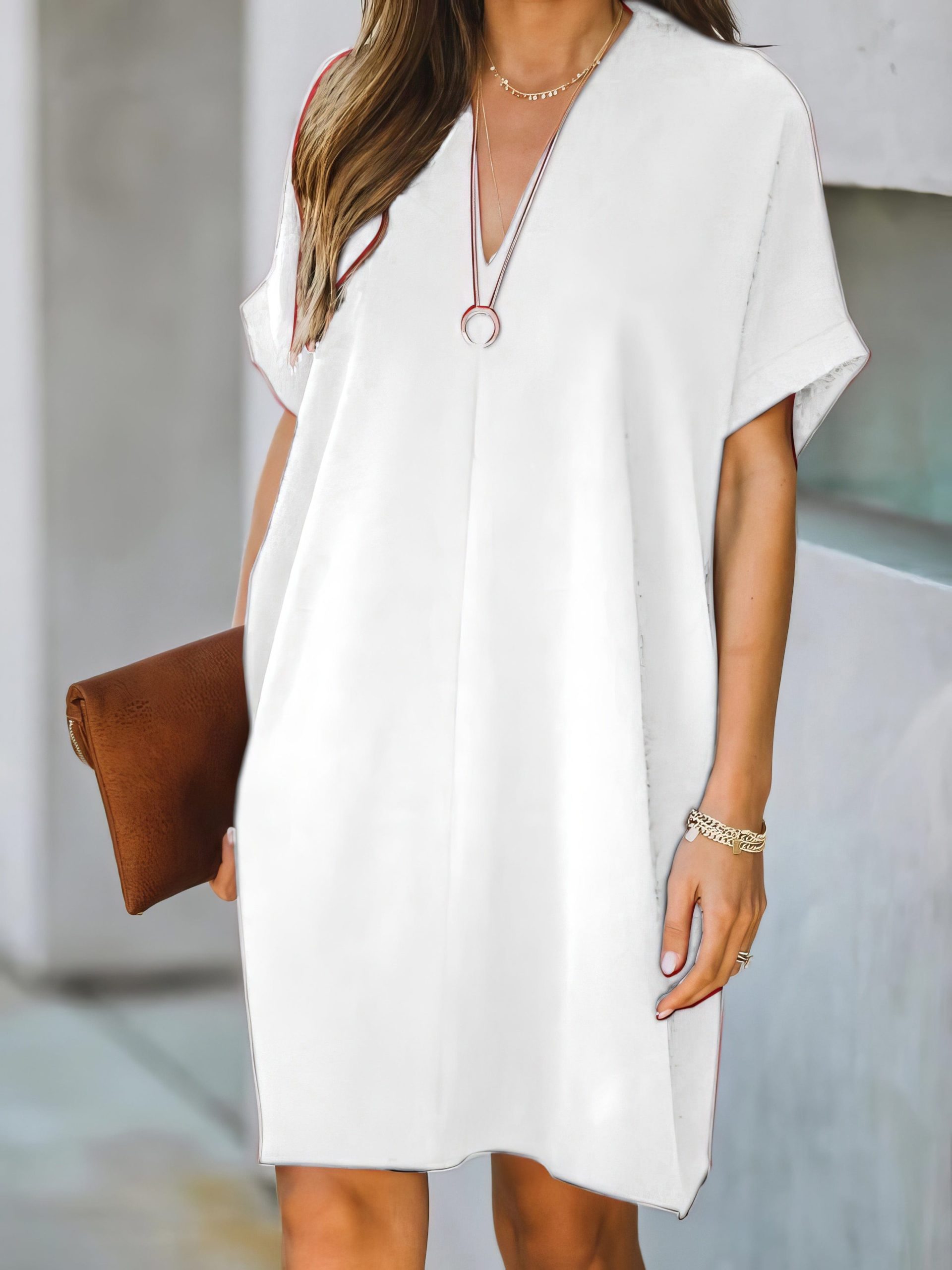 V-neck Short Sleeve Solid Color Loose Dress - Image 14