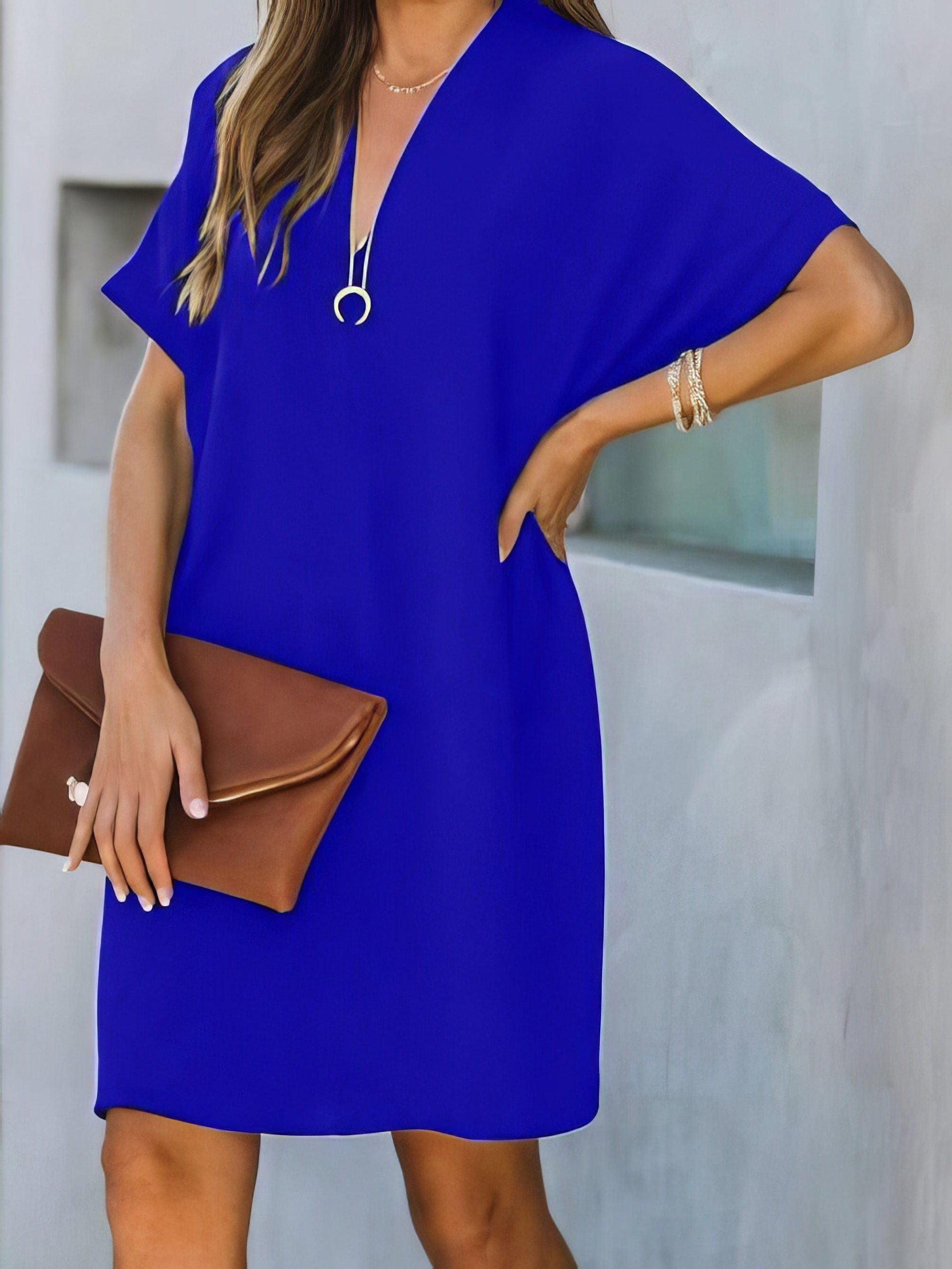 V-neck Short Sleeve Solid Color Loose Dress - Image 10