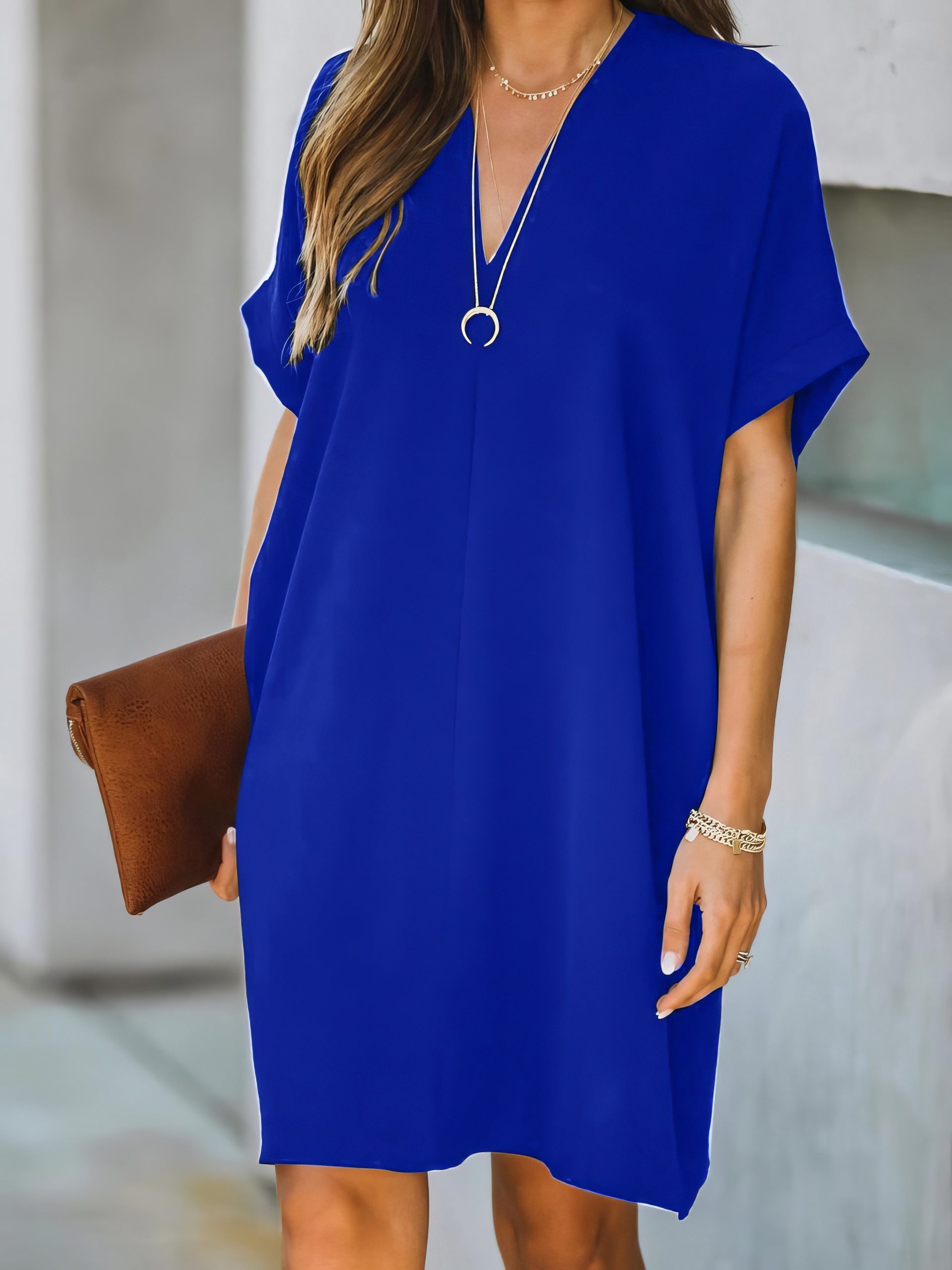 V-neck Short Sleeve Solid Color Loose Dress - Image 23