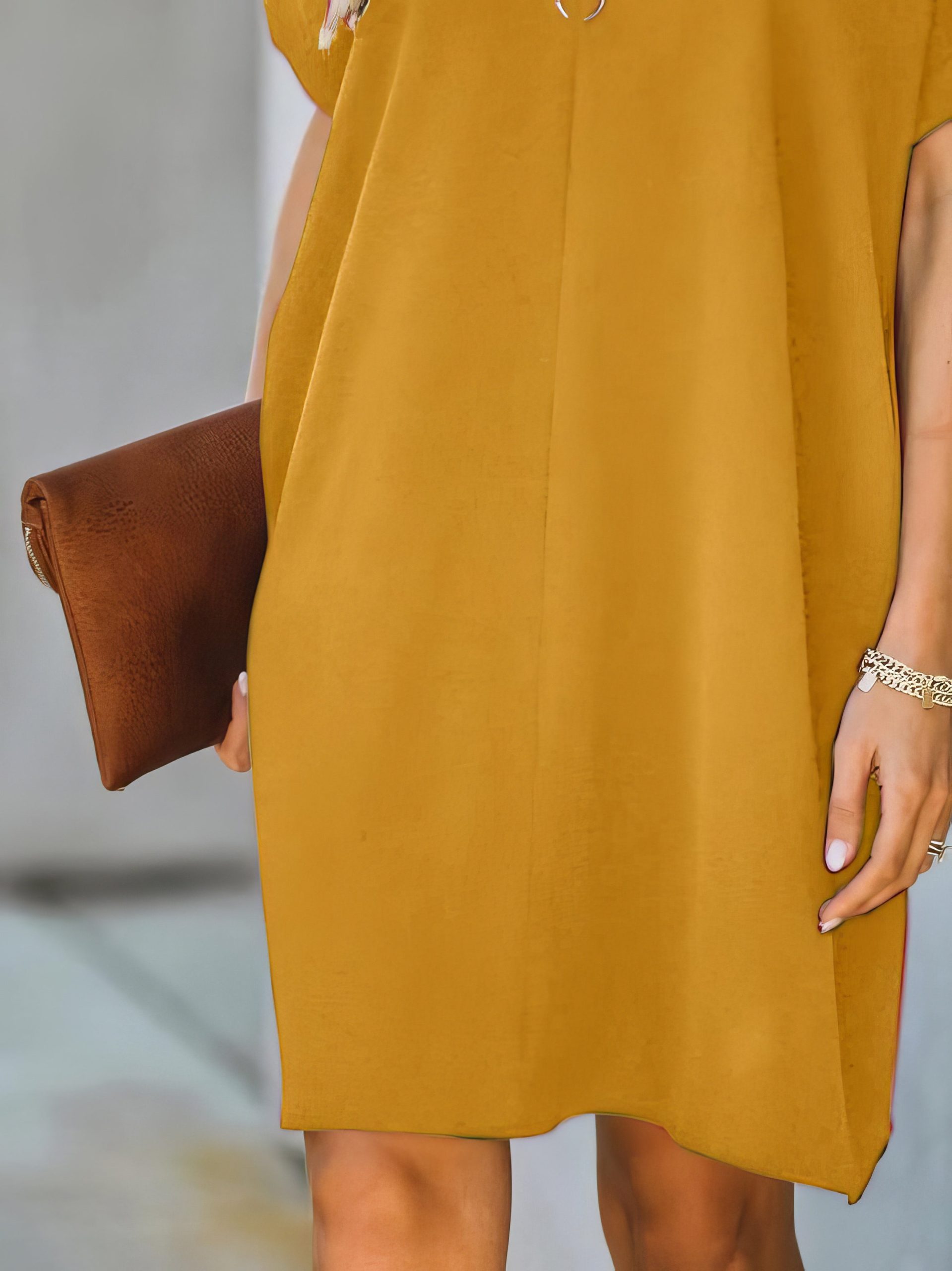 V-neck Short Sleeve Solid Color Loose Dress - Image 31