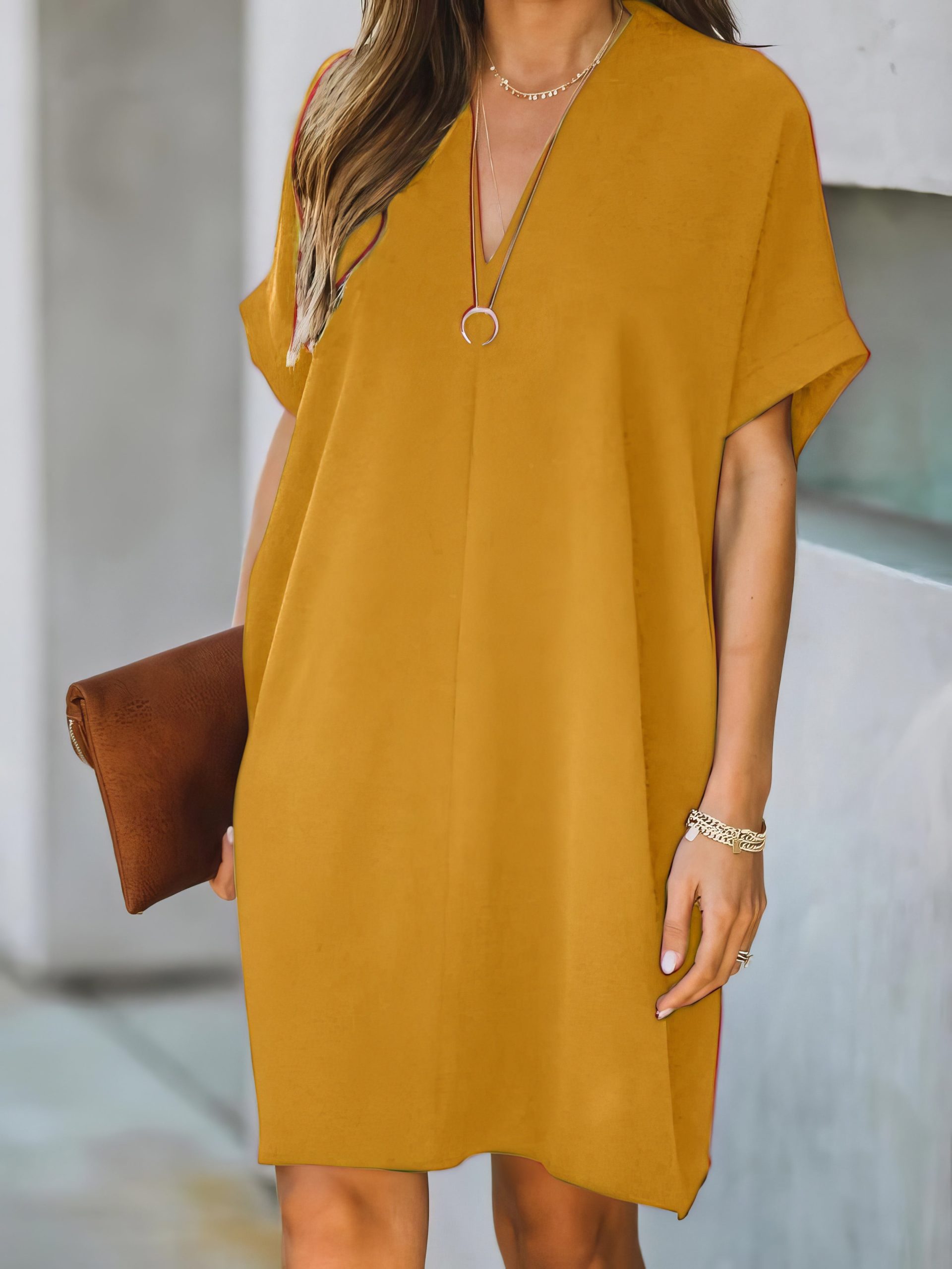 V-neck Short Sleeve Solid Color Loose Dress - Image 29