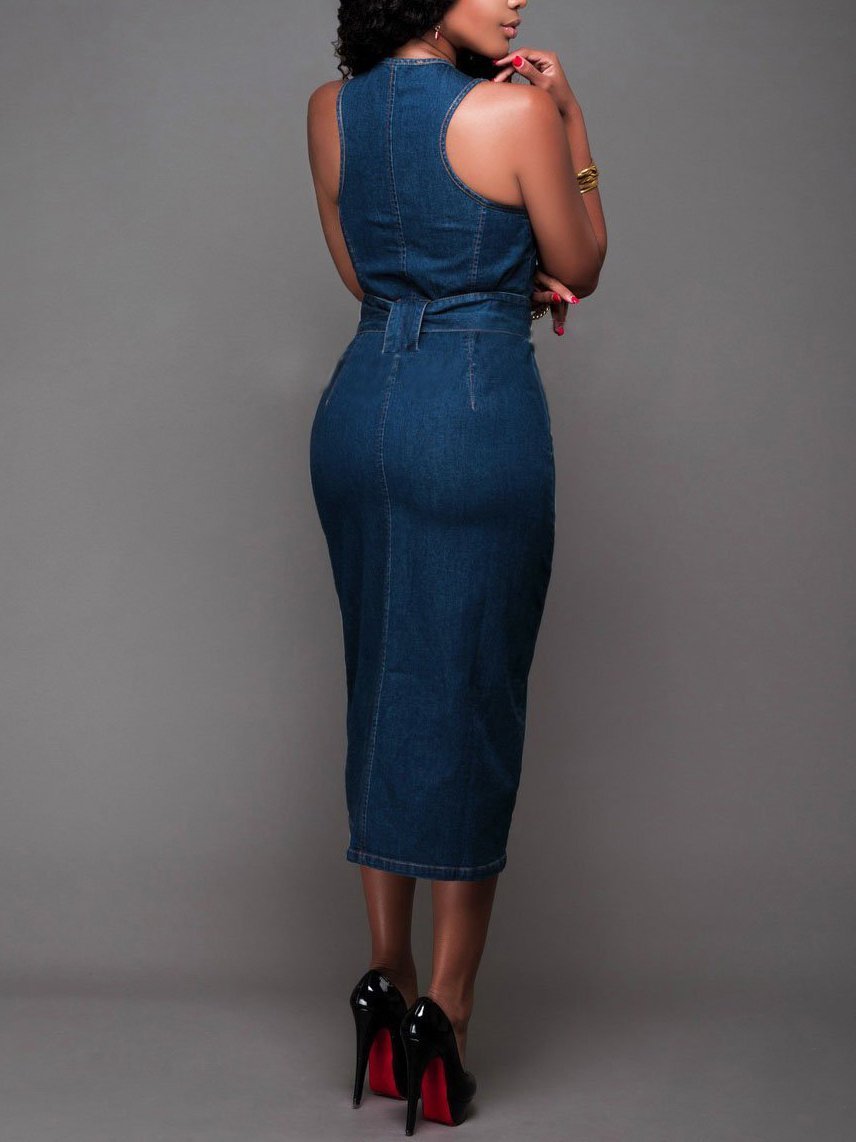 Women Elegant Sleeveless Denim Jean Dress with Zipper Belt - Image 3
