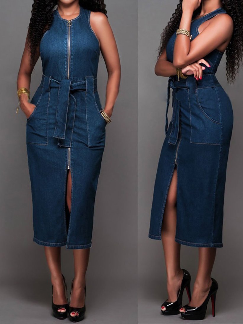 Women Elegant Sleeveless Denim Jean Dress with Zipper Belt - Image 4