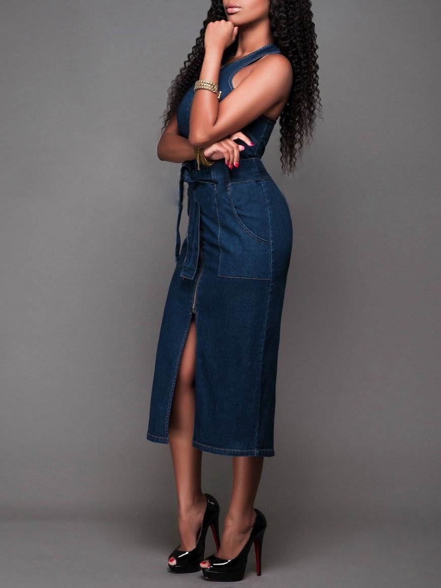 Women Elegant Sleeveless Denim Jean Dress with Zipper Belt - Image 2