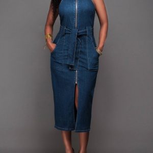 Women Elegant Sleeveless Denim Jean Dress with Zipper Belt