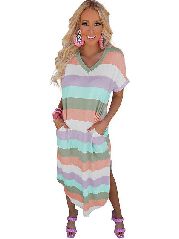 Stylish Striped Print Short Sleeve Mini Dress - Image 12