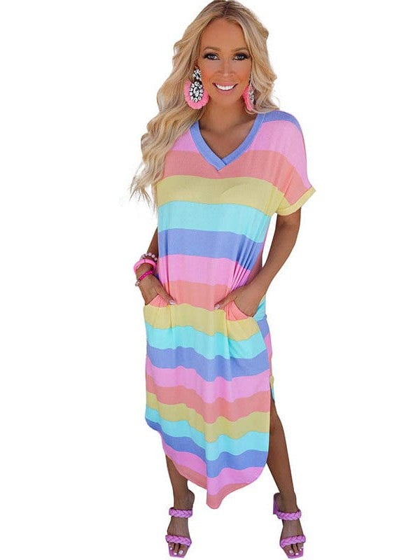 Stylish Striped Print Short Sleeve Mini Dress - Image 11
