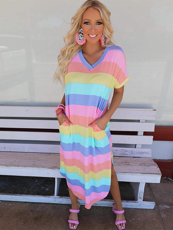 Stylish Striped Print Short Sleeve Mini Dress - Image 2