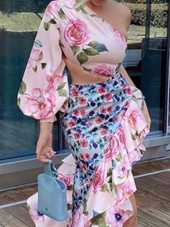 Women's Dresses Asymmetric Off Shoulder One-Sleeve Flower Ruffled Dress - Image 3