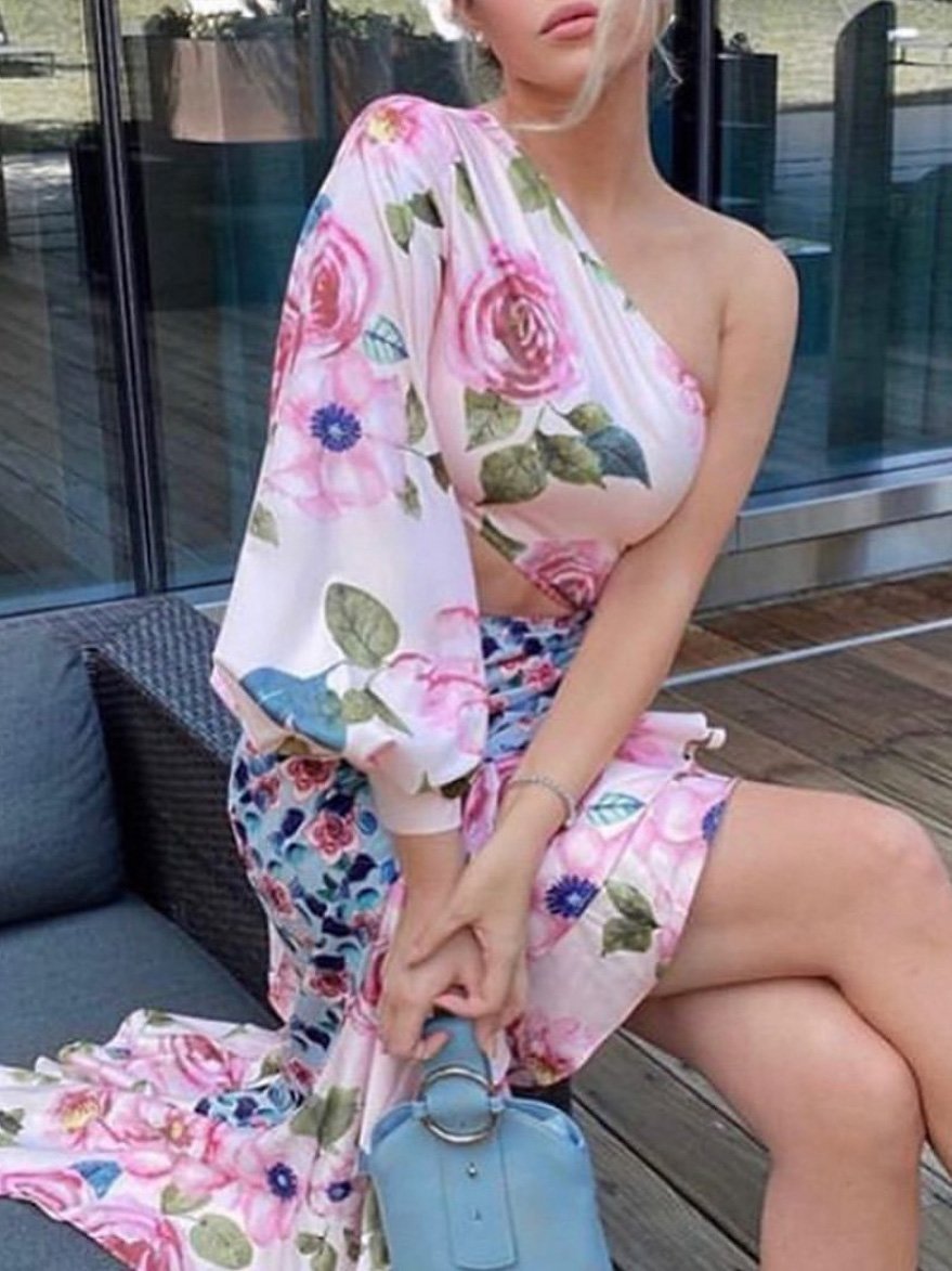 Women's Dresses Asymmetric Off Shoulder One-Sleeve Flower Ruffled Dress - Image 2