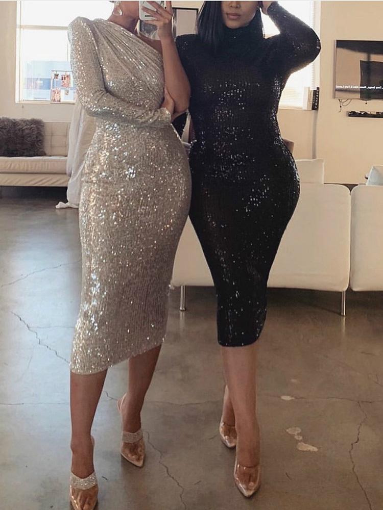 Women's Dresses Fashion Sequined One-Shoulder Wrap-Up Evening Dress - Image 20
