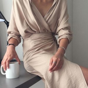 Women's Dresses Irregular Tie V-Neck Long Sleeve Dress