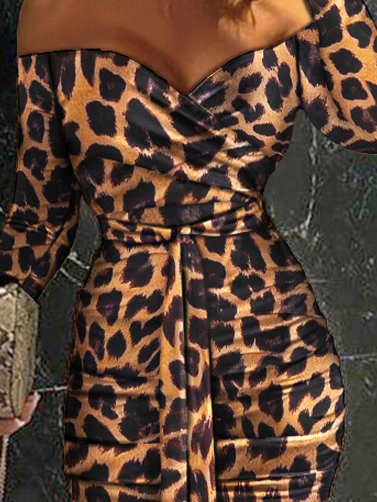 Women's Dresses Leopard Boat Neck Long Sleeve Skinny Dress - Image 3