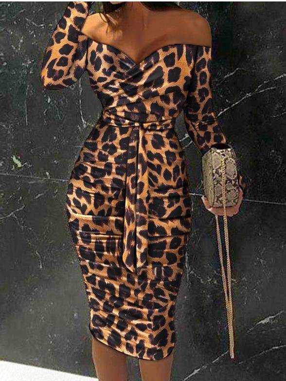 Women's Dresses Leopard Boat Neck Long Sleeve Skinny Dress - Image 2