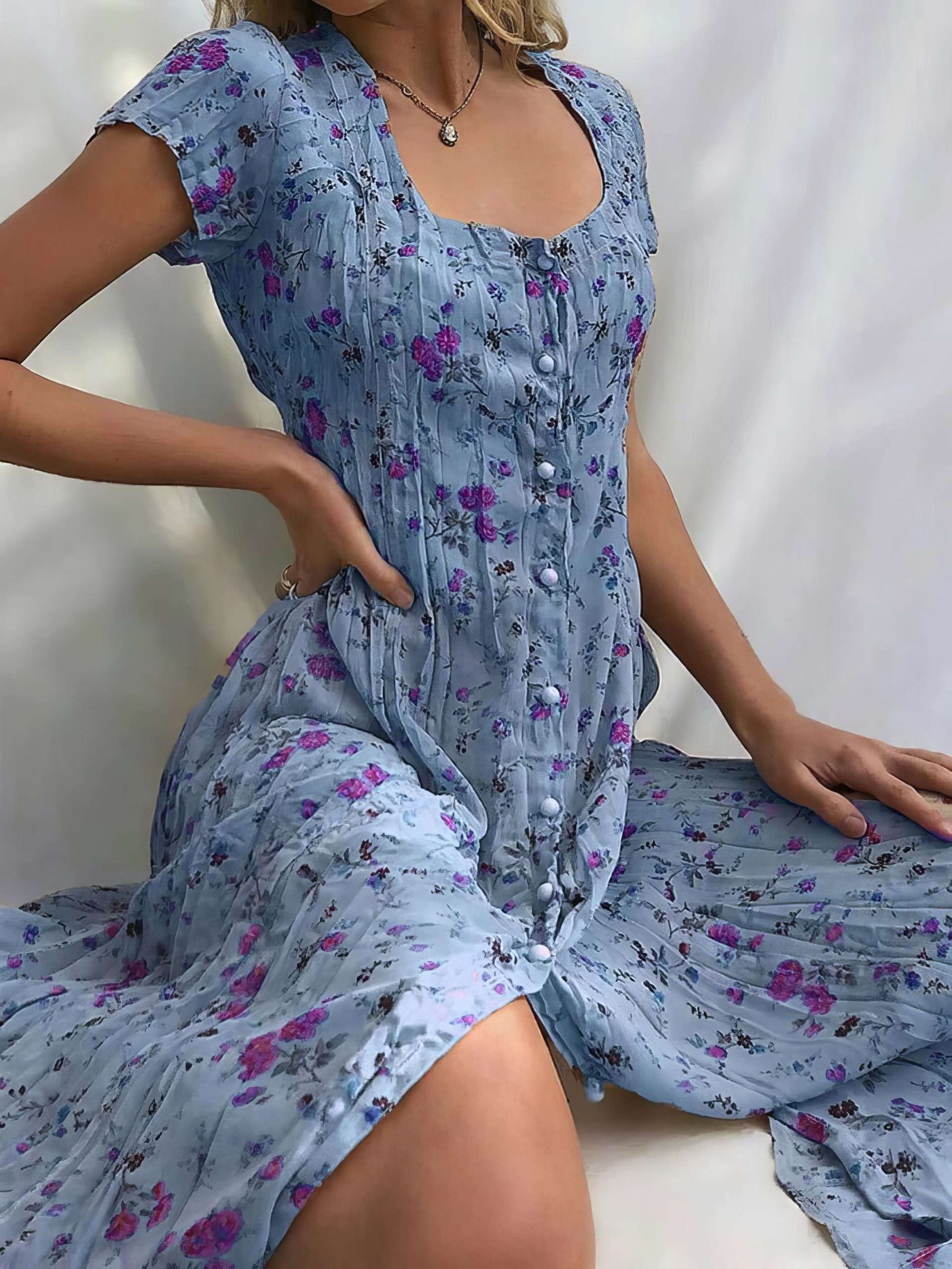Single Breasted Floral Short Sleeve Dress - Image 8