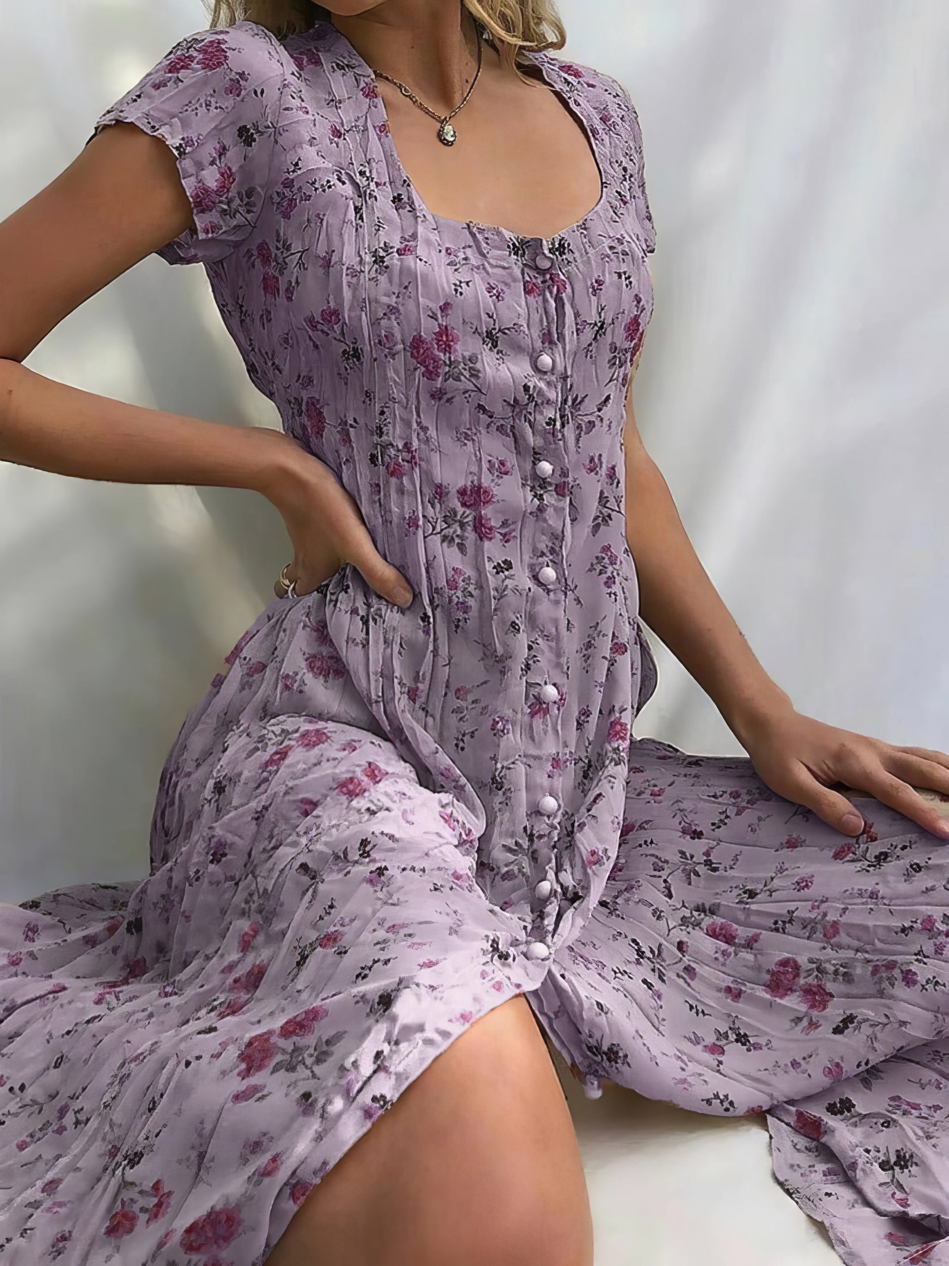 Single Breasted Floral Short Sleeve Dress - Image 7